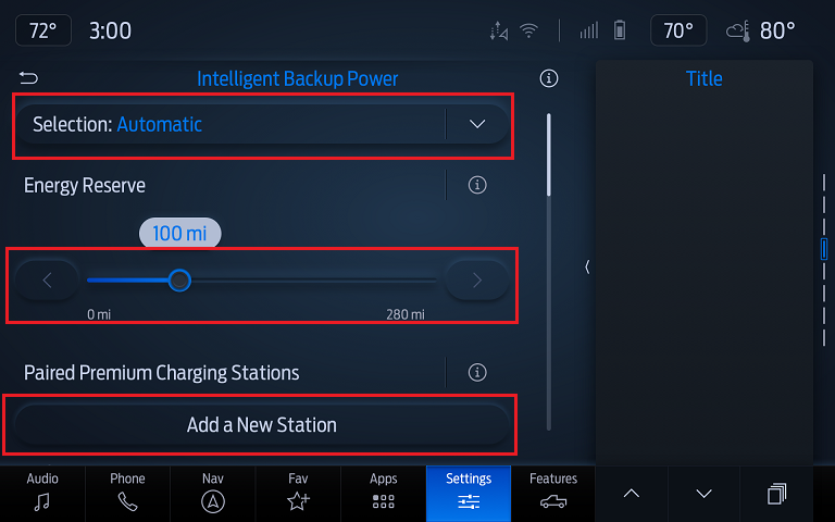 SYNC 4 Intelligent Backup Power Settings screen with red boxes around the Add a New Station button, Energy Reserve slider, and mode selector.