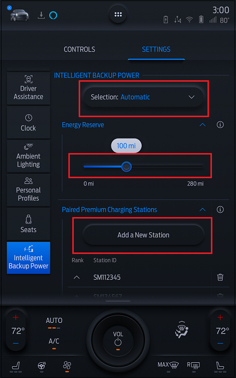 SYNC 4A Intelligent Backup Power Settings screen with red boxes around the Add a New Station button, Energy Reserve slider, and mode selector.