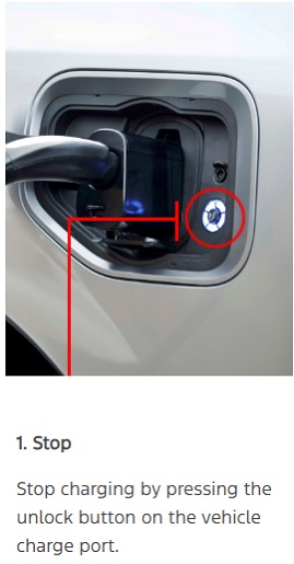 Stop charging by pressing the unlock button on the vehicle charge port.