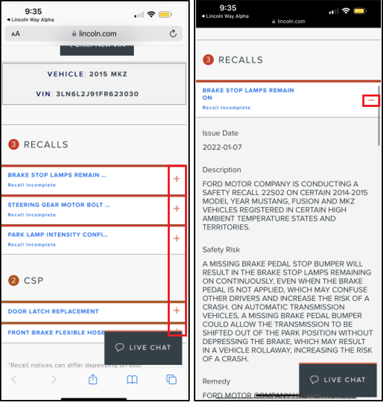 Click the + button to view additional information about recalls or customer satisfaction programs