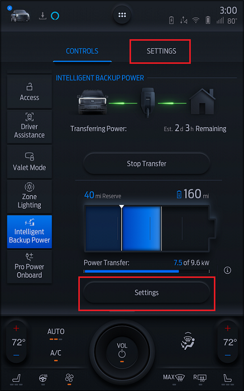 SYNC 4A Intelligent Backup Power screen with red boxes around the Settings tab and the Settings button.