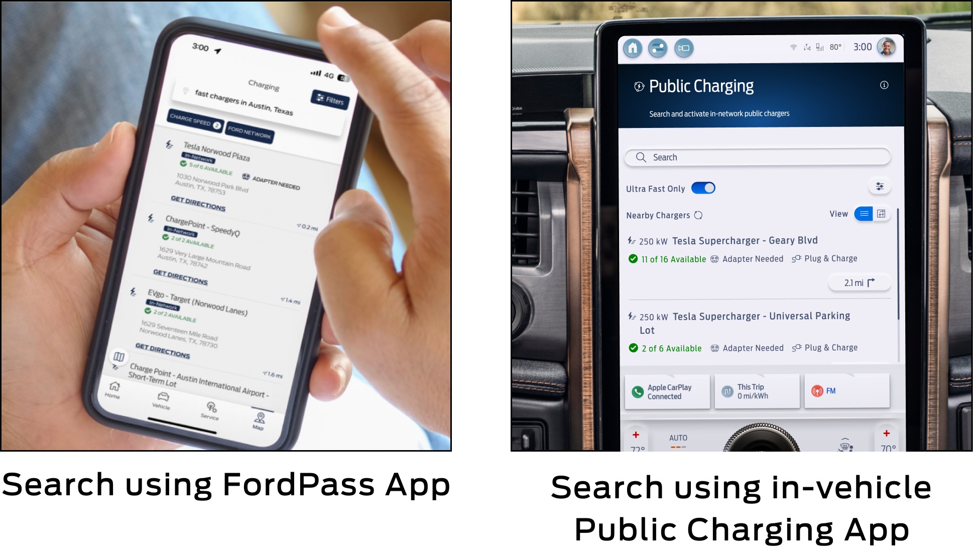 Two images of how to locate public chargers, one on a smart phone with FordPass and another on a  SYNC console with the Public Charging App.