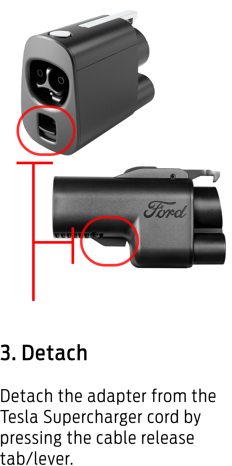 Detach the adapter from the Tesla Supercharger cord by pressing the cabel release tab/lever.
