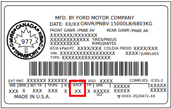 Sample of a Safety Compliance Certification Label located on vehicle's door jamb with the Axle Ratio highlighted in red