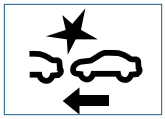 Collision warning logo represented by two vehicle with a start in between and an arrow under pointing left.