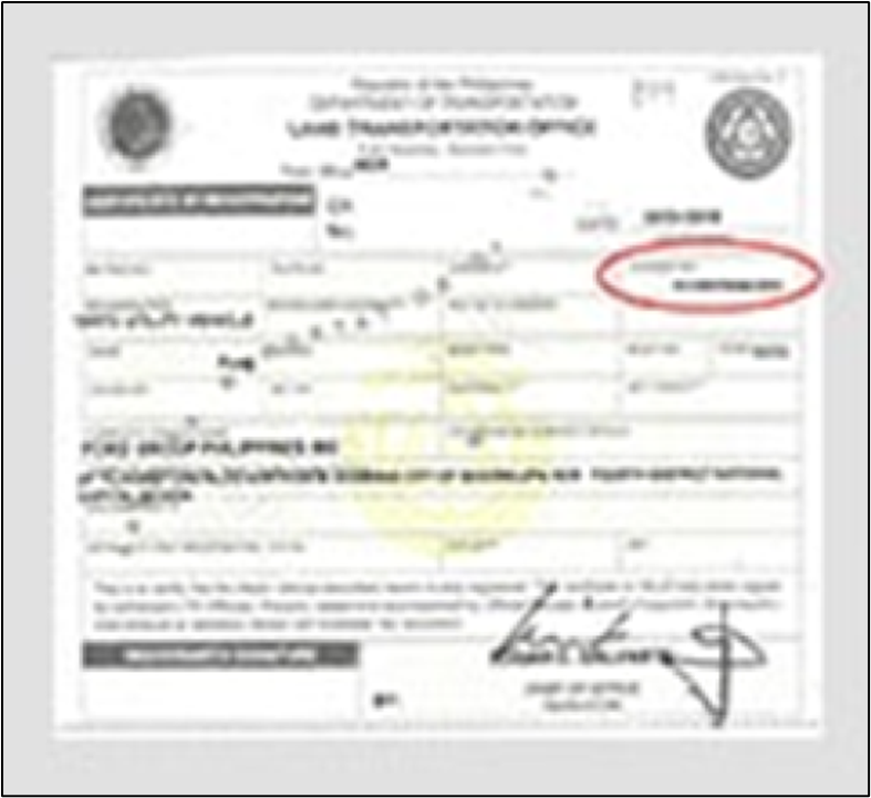 VIN in vehicle registration document.
