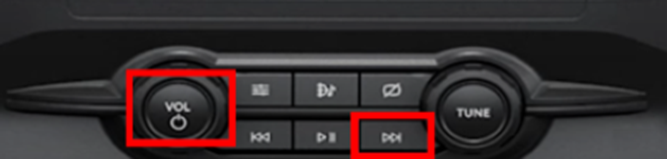 SYNC 4 dashboard buttons, emphasizing the Power and Seek-Right buttons in red boxes.