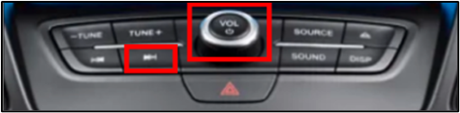 SYNC 3 dashboard buttons, emphasizing the Power and Seek-Right buttons in red boxes.