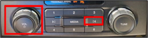 SYNC with MyFord Touch dashboard buttons, emphasizing the Power and Seek-Right buttons in red boxes.