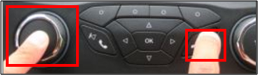 SYNC Gen 1.1 dashboard buttons, emphasizing the Power and Seek-Right buttons in red boxes.