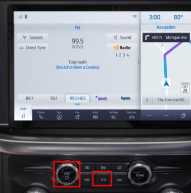 SYNC 4 screen and radio with Vol and Seek-Right button emphasized in red boxes.