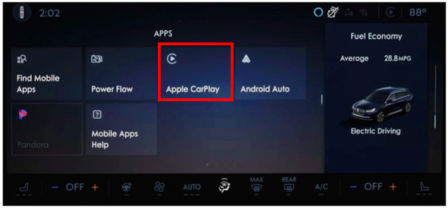 SYNC 4 screen showing the Apple CarPlay tile emphasized in a red box.