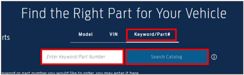 Screenshot of FordParts.com site with Keyword/Part#, Part Number field, and Search Catalog in red boxes.