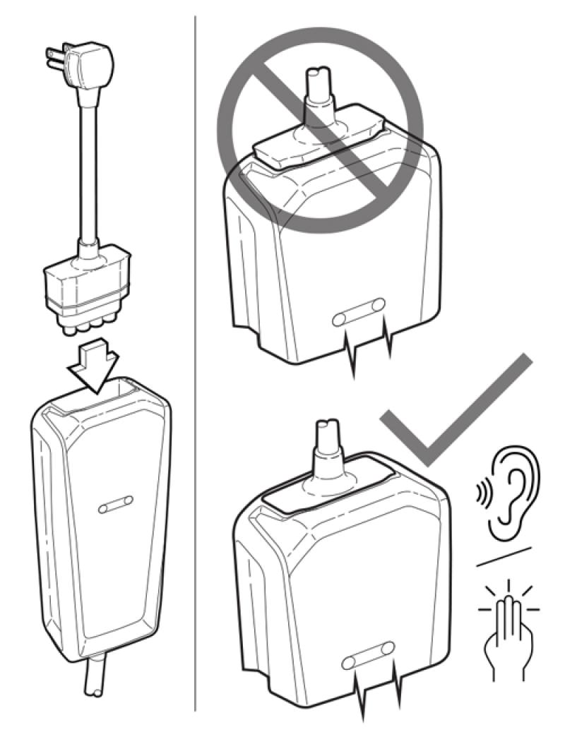 Technical drawing of Mobile Power Cord assembly showing how to and how not to connect the cord to the cord body.
