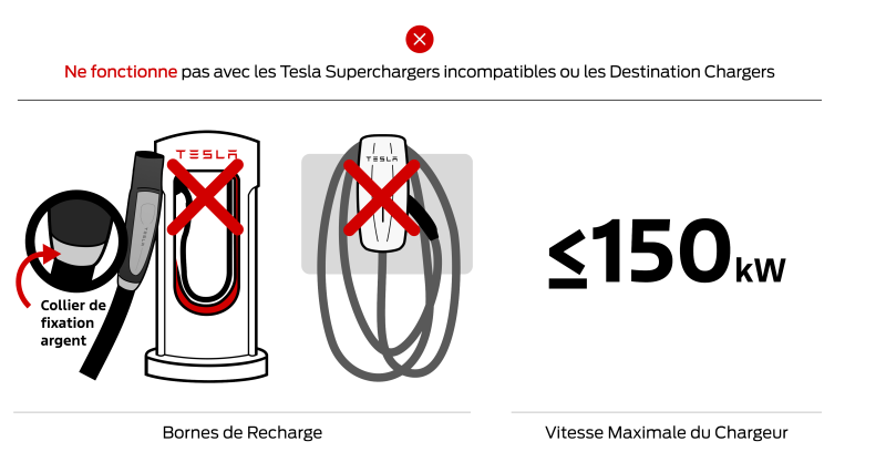 Illustration du Supercharger Tesla avec gros plan du cordon de charge avec un collier argenté sur le câble/prise et une vitesse de charge maximale inférieure à 150 kilowatts. Ces chargeurs ne sont pas compatibles avec l'adaptateur de charge rapide.