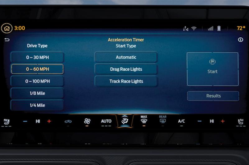 A Mustang® in-vehicle screen displaying Acceleration Timer information