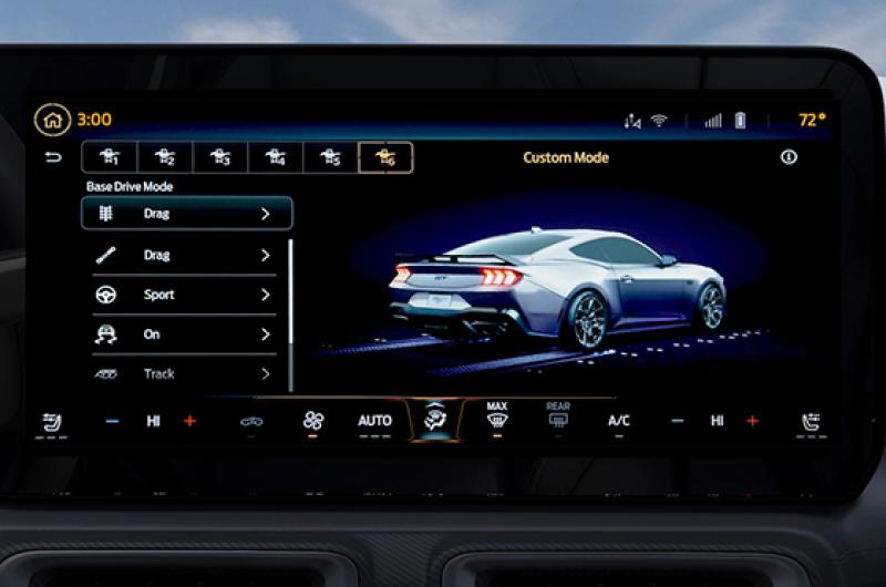 A Mustang® in-vehicle screen displaying Custom Drive Mode menu options