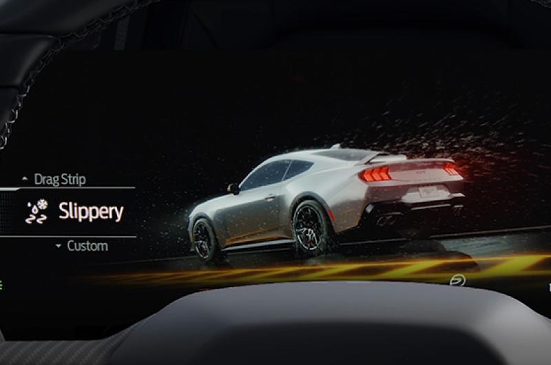 A Mustang® in-vehicle screen displaying Slippery Drive Mode setting selected