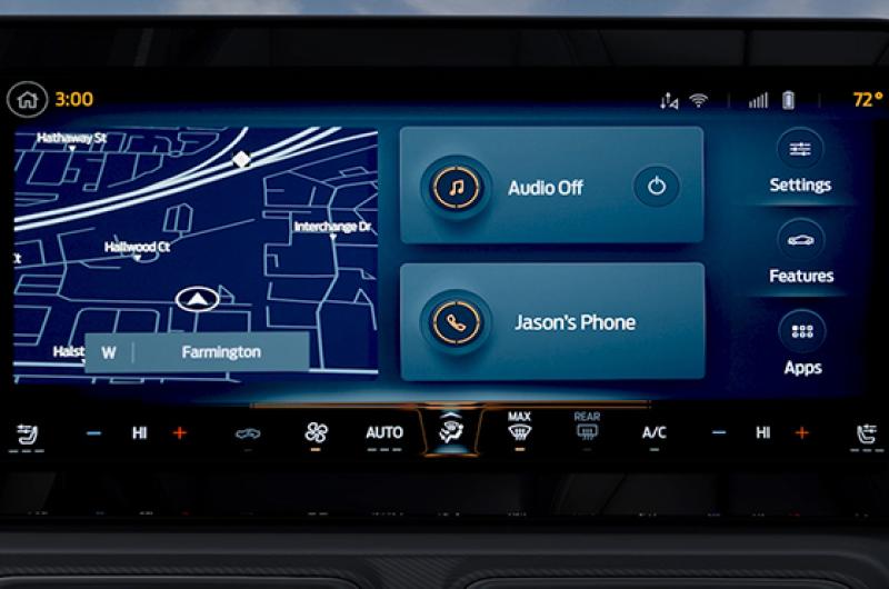 A Mustang® in-vehicle screen displaying the screen where the Features selection can be made