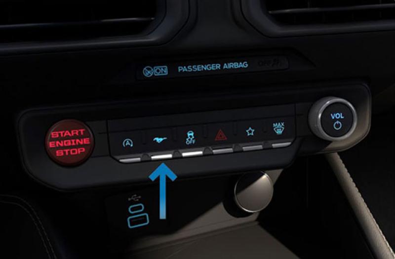 A computer-generated image of the buttons on a Mustang dashboard with an arrow pointing to the Pony icon button