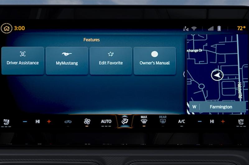 A Mustang® in-vehicle screen displaying the options available in the Features menu
