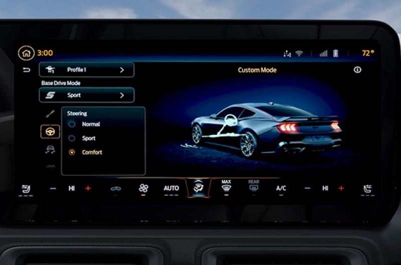 A Mustang® in-vehicle screen displaying Comfort Steering Mode information