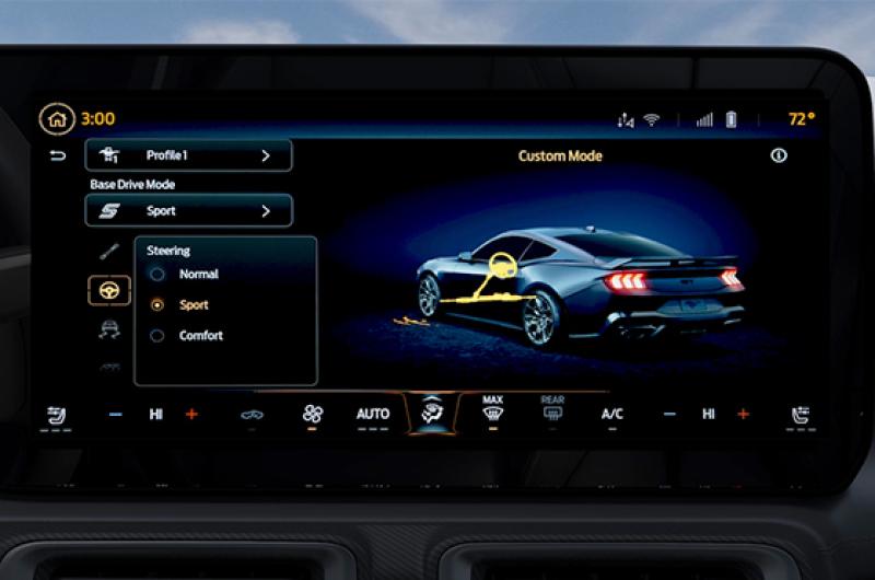 A Mustang® in-vehicle screen displaying Sport Steering Mode information