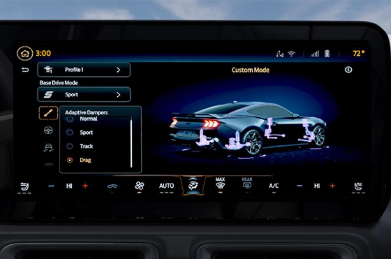 A Mustang® in-vehicle screen displaying Drag Suspension Mode information