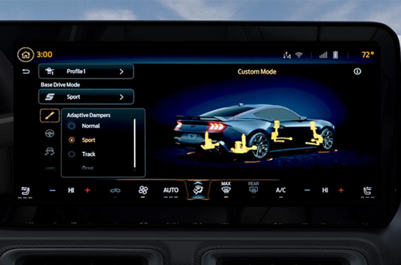 A Mustang® in-vehicle screen displaying Sport Suspension Mode information