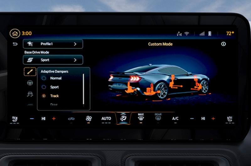 A Mustang® in-vehicle screen displaying Track Suspension Mode information