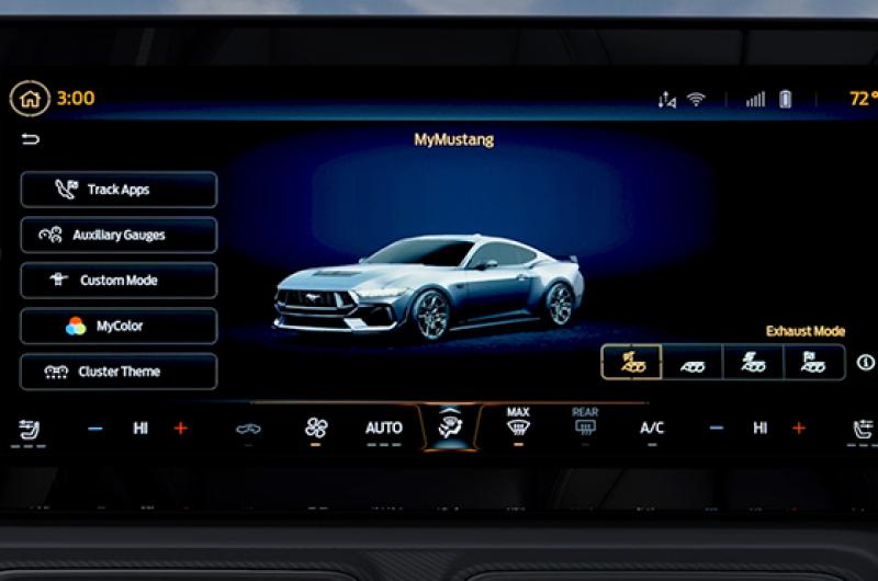 A Mustang® in-vehicle screen displaying the options available in the MyMustang menu