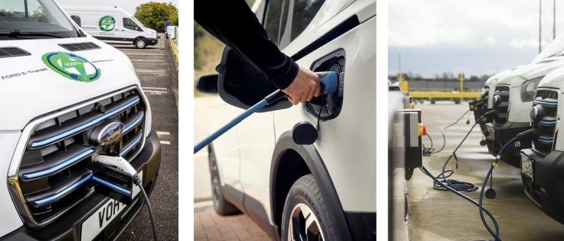 A close up image showing Ford Pro KEBA Home and Depot chargers plugged into a Ford Pro vehicle.