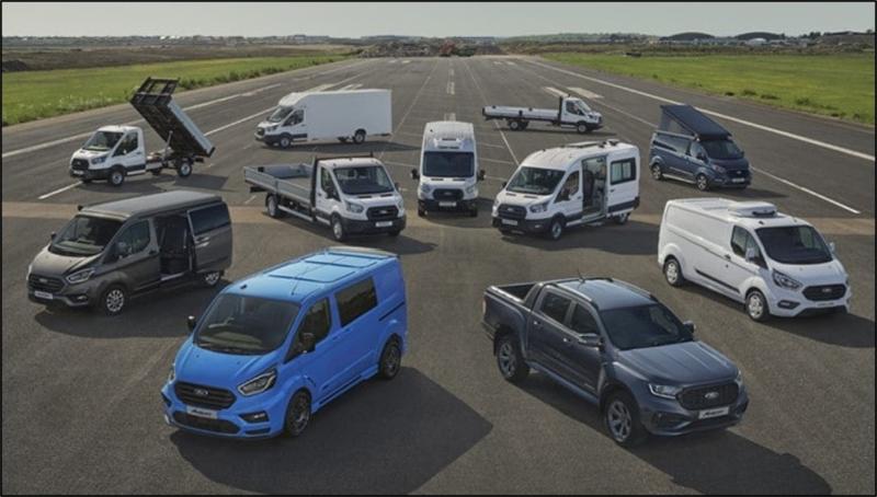 A variety of converted Ford vehicles are displayed on an airstrip, showcasing the range and versatility of the converted vehicle line.