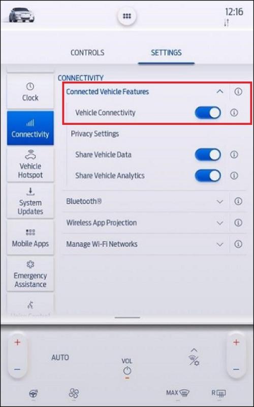 Screenshot of SYNC 4A Settings screen showing Connectivity page, with Vehicle Connectivity outlined in red.