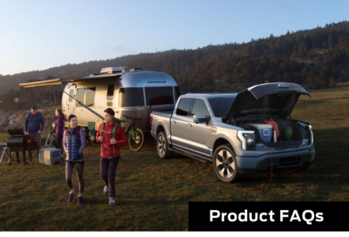 Product FAQs. An F-150 Lightning is parked with its frunk open and a camper attached to the back.