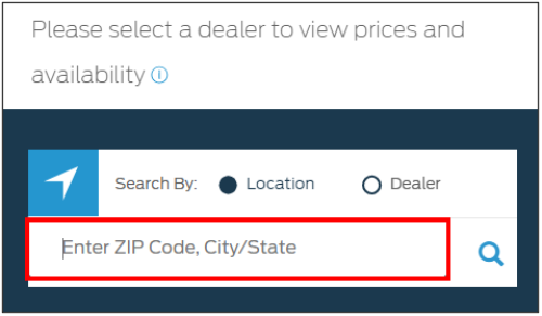 Dealer/Retailer search with the Enter ZIP Code, City/State field in a red box.