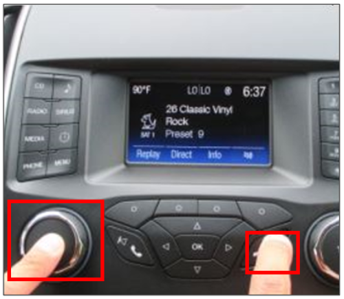SYNC Gen 1.1 dashboard, emphasizing the Power and Seek-Right buttons in red boxes.