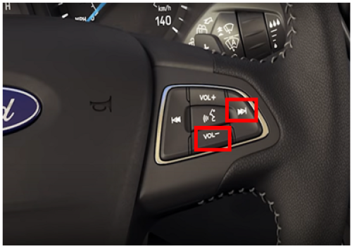 SYNC 4A steering column, emphasizing the Volume Down and Seek-Right buttons in red boxes.