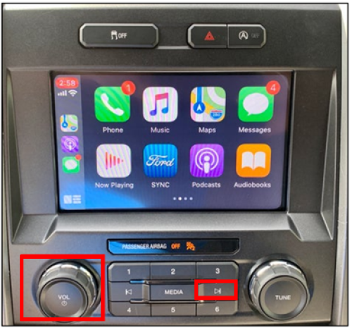 SYNC with MyFord Touch dashboard, emphasizing the Power and Seek-Right buttons in red boxes.