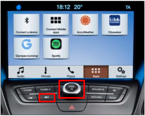 SYNC 3 dashboard, emphasizing the Power and Seek-Right buttons in red boxes.