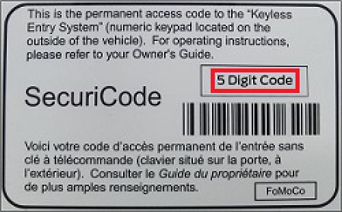 sample SecuriCode card with 5-digit keyless entry code location highlighted