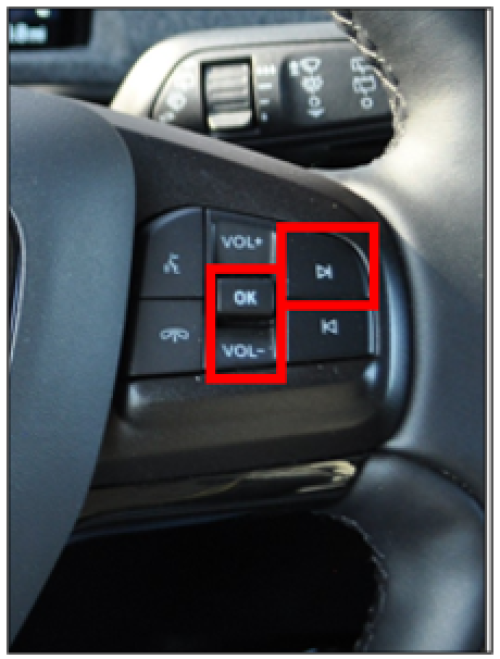 The SYNC 4 steering wheel, emphasizing the Volume and Seek-Right buttons in red boxes.