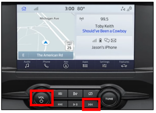 SYNC 4 dashboard, emphasizing the Power and Seek-Right buttons in red boxes.