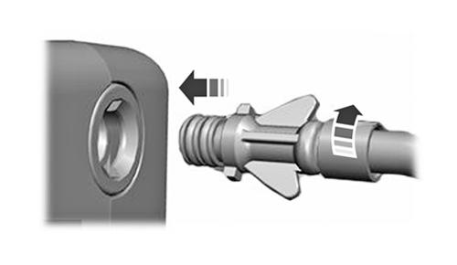 An illustration demonstrating the winged twist connector hose connecting to the port of the Tire Inflator and Sealant Kit.