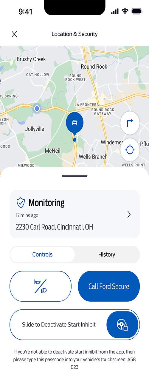 A phone screen showing a map and where to swipe to deactivate Start Inhibit.