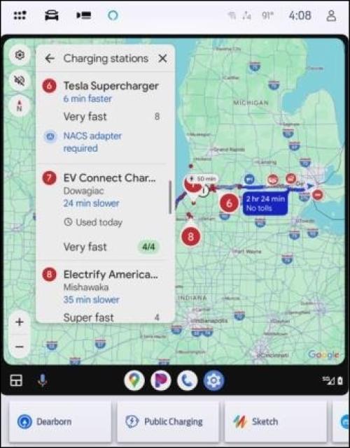Google maps screen displayed showing alternative charging locations.