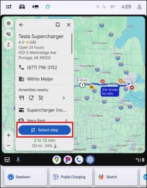 Google maps displayed highlighting select stop option for charging location.