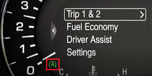 Screenshot of instrument cluster with the Auto Start-Stop icon illuminated and in a red box.