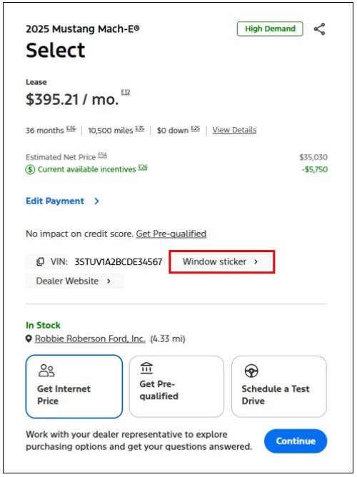 Sample vehicle information on Ford Showroom website with Window sticker link emphasized in a red box.