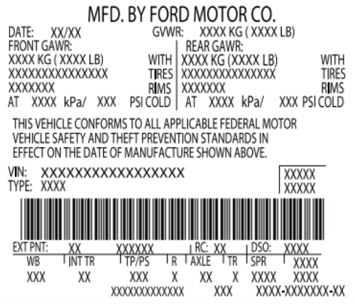 An example of a generic vehicle door jamb label.